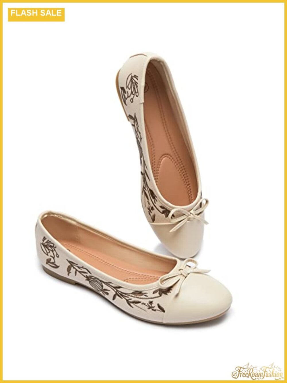 Pomegranate Embroidered Flats with Bow, Memory Foam, Round Toe